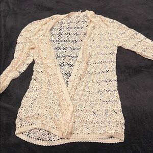 Cream Open Front Cardigan with Long Sleeves and Intricate Knit Texture
